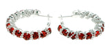 Silver-Tone & Red Colored Metal Crystal-Hoop-Earrings With Crystal Accents #413