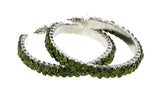 Silver-Tone & Green Colored Metal Crystal-Hoop-Earrings With Crystal Accents #414