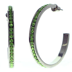 Silver-Tone & Green Colored Metal Crystal-Hoop-Earrings With Crystal Accents #417