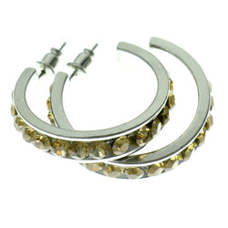 Silver-Tone & Brown Colored Metal Crystal-Hoop-Earrings With Crystal Accents #420