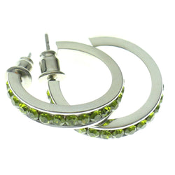 Silver-Tone & Green Colored Metal Hoop-Earrings With Crystal Accents #425