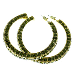 Gold-Tone & Green Colored Metal Crystal-Hoop-Earrings With Crystal Accents #431