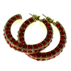 Gold-Tone & Red Colored Metal Crystal-Hoop-Earrings With Crystal Accents #432