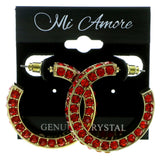 Gold-Tone & Red Colored Metal Crystal-Hoop-Earrings With Crystal Accents #432
