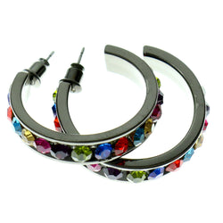 Gray & Multi Colored Metal Crystal-Hoop-Earrings With Crystal Accents #434