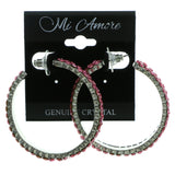 Silver-Tone & Pink Colored Metal Hoop-Earrings With Crystal Accents #439