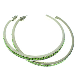 Silver-Tone & Green Colored Metal Crystal-Hoop-Earrings With Crystal Accents #441
