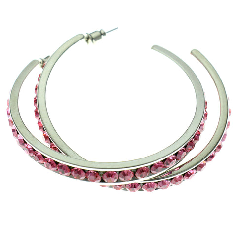 Silver-Tone & Pink Colored Metal Crystal-Hoop-Earrings With Crystal Accents #442