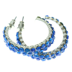 Silver-Tone & Blue Colored Metal Hoop-Earrings With Crystal Accents #444