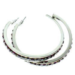 Silver-Tone & Purple Colored Metal Crystal-Hoop-Earrings With Crystal Accents #448