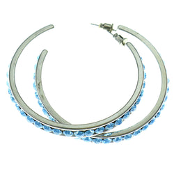 Silver-Tone & Blue Colored Metal Crystal-Hoop-Earrings With Crystal Accents #449