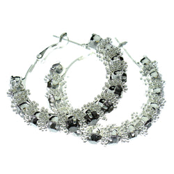 Silver-Tone & Gray Colored Metal Crystal-Hoop-Earrings With Crystal Accents #450