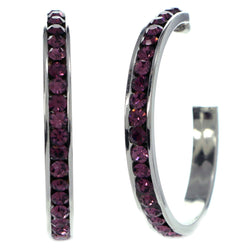 Silver-Tone & Purple Colored Metal Crystal-Hoop-Earrings With Crystal Accents #454