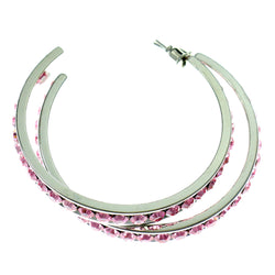 Silver-Tone & Pink Colored Metal Crystal-Hoop-Earrings With Crystal Accents #458