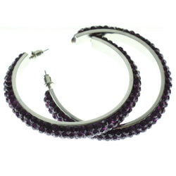 Silver-Tone & Purple Colored Metal Crystal-Hoop-Earrings With Crystal Accents #326