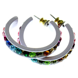 White & Multi Colored Metal Crystal-Hoop-Earrings With Crystal Accents #478