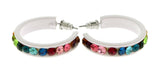 White & Multi Colored Metal Crystal-Hoop-Earrings With Crystal Accents #478