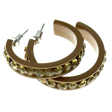 Brown & Yellow Colored Metal Crystal-Hoop-Earrings With Crystal Accents #329