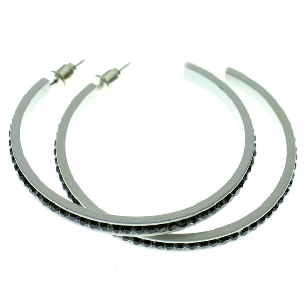 White & Black Colored Metal Crystal-Hoop-Earrings With Crystal Accents #499