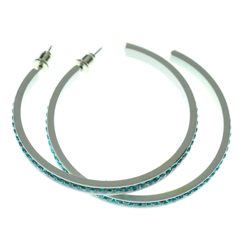 White & Blue Colored Metal Crystal-Hoop-Earrings With Crystal Accents #503