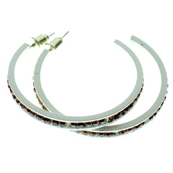 White & Brown Colored Metal Crystal-Hoop-Earrings With Crystal Accents #505