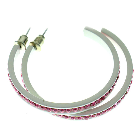 White & Pink Colored Metal Crystal-Hoop-Earrings With Crystal Accents #517