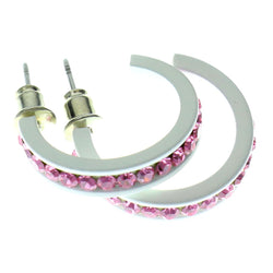 White & Pink Colored Metal Crystal-Hoop-Earrings With Crystal Accents #521