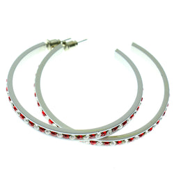 White & Red Colored Metal Crystal-Hoop-Earrings With Crystal Accents #531