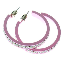 Pink & Clear Colored Metal Crystal-Hoop-Earrings With Crystal Accents #348