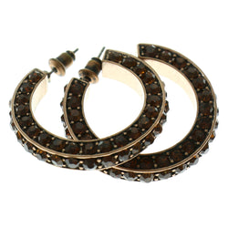 Bronze-Tone & Brown Colored Metal Crystal-Hoop-Earrings With Crystal Accents #373