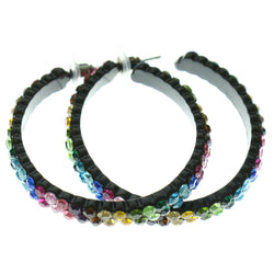 Black & Multi Colored Metal Crystal-Hoop-Earrings With Crystal Accents #374