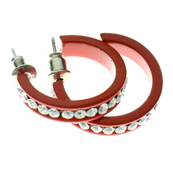 Red & Clear Colored Metal Crystal-Hoop-Earrings With Crystal Accents #383