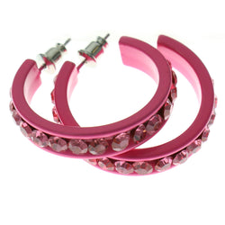 Pink Metal Crystal-Hoop-Earrings With Crystal Accents #384