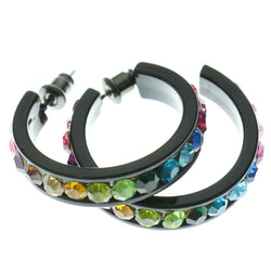 Black & Multi Colored Metal Crystal-Hoop-Earrings With Crystal Accents #386