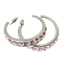 Silver-Tone & Pink Colored Metal Crystal-Hoop-Earrings With Crystal Accents #389