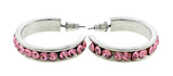Silver-Tone & Pink Colored Metal Crystal-Hoop-Earrings With Crystal Accents #389