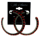Silver-Tone & Red Colored Metal Crystal-Hoop-Earrings With Crystal Accents #397