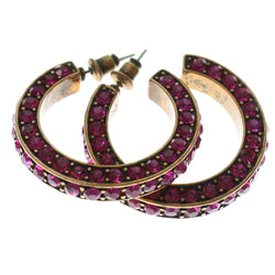 Bronze-Tone & Pink Colored Metal Crystal-Hoop-Earrings With Crystal Accents #399