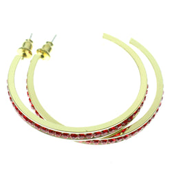 Gold-Tone & Red Colored Metal Hoop-Earrings With Crystal Accents #405