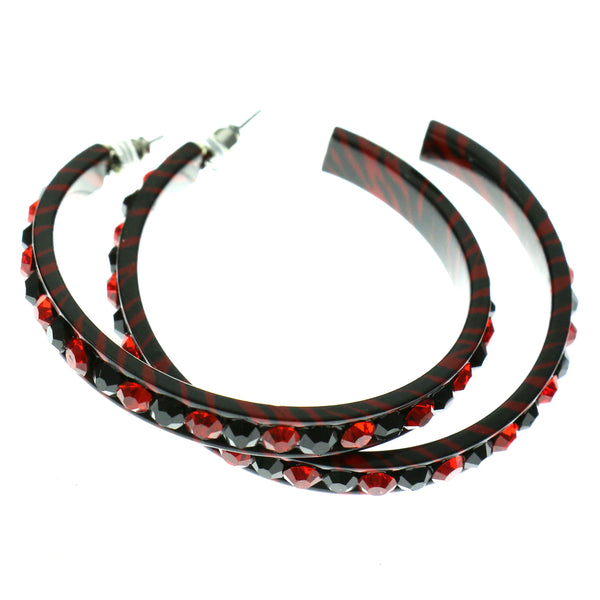 Black & Red Colored Metal Crystal-Hoop-Earrings With Crystal Accents #407
