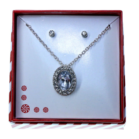 Oval pendant Necklace-Earrings With Crystal Accents  Silver-Tone Color #3718