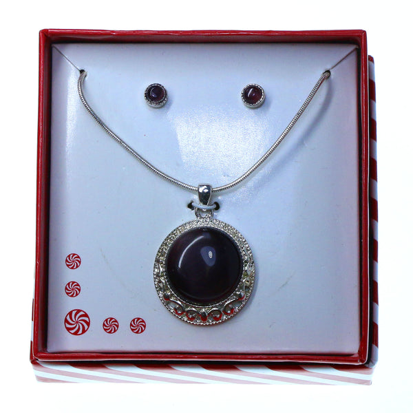 Round pendant Necklace-Earrings With Stone Accents Silver-Tone & Brown Colored #3719