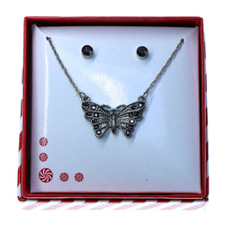 Butterfly pendant Necklace-Earrings With Crystal Accents Silver-Tone & Gray Colored #3717