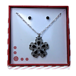 Flower pendant Necklace-Earrings With Crystal Accents Silver-Tone & Black Colored #3713
