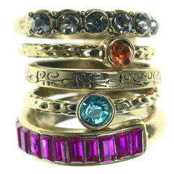 Gold-Tone & Multi Colored Metal Multiple-Rings With Crystal Accents #3581