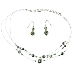 Adjustable Length Necklace-Earrings With Bead Accents  Silver-Tone Color #3578