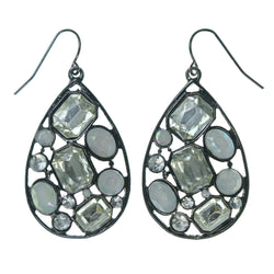 Silver-Tone & White Colored Metal Earrings With Crystal Accents #3575