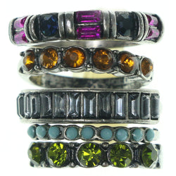 Silver-Tone & Multi Colored Metal Multiple-Rings With Crystal Accents #3636