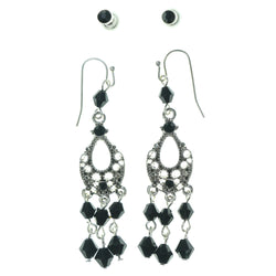 Black & Silver-Tone Colored Metal Multiple-Earrings With Bead Accents #3599