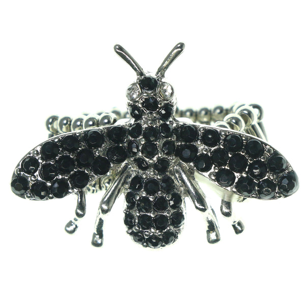 Stretch Bee Ring With Crystal Accents Silver-Tone & Black Colored #3564
